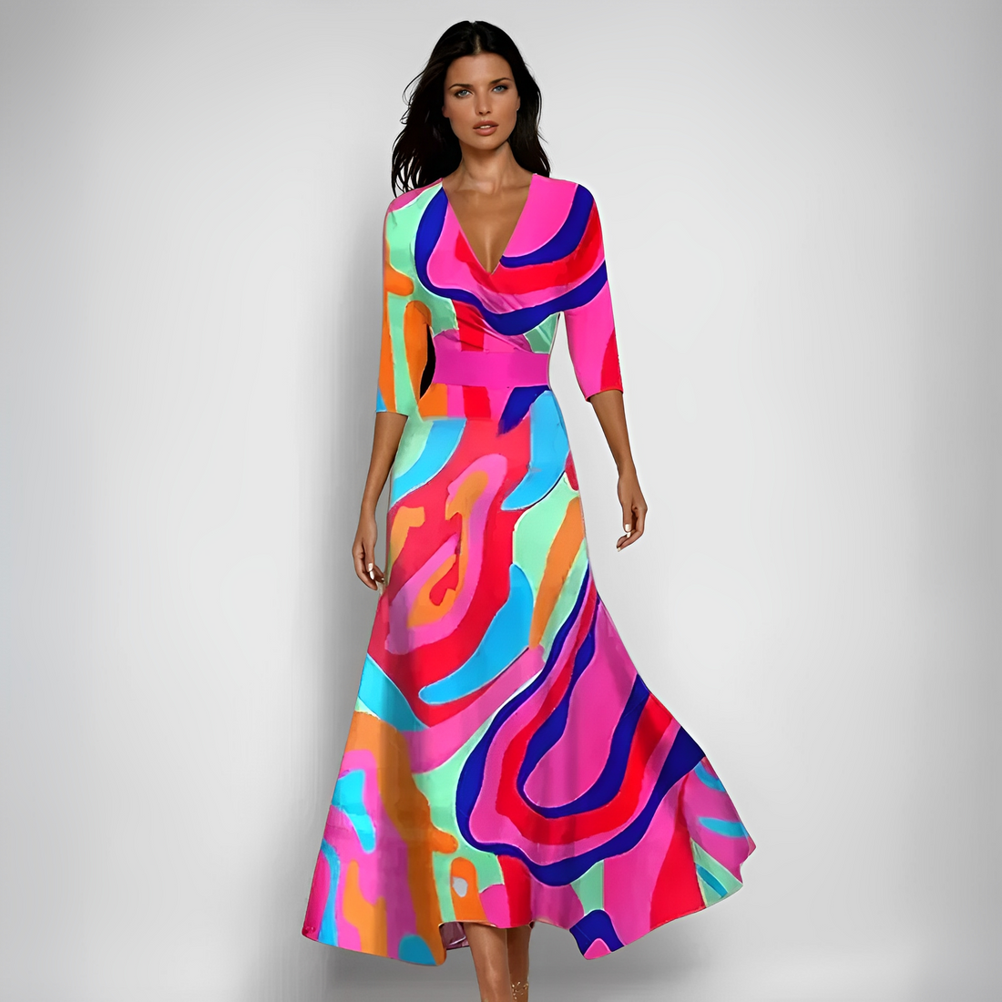 Delores - Lang geschnittenes Kleid mit floralen Mustern und langen Ärmeln