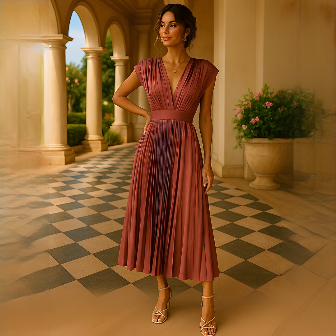 Elvira - Stilvolles Midi-Kleid mit V-Ausschnitt und Raffungen