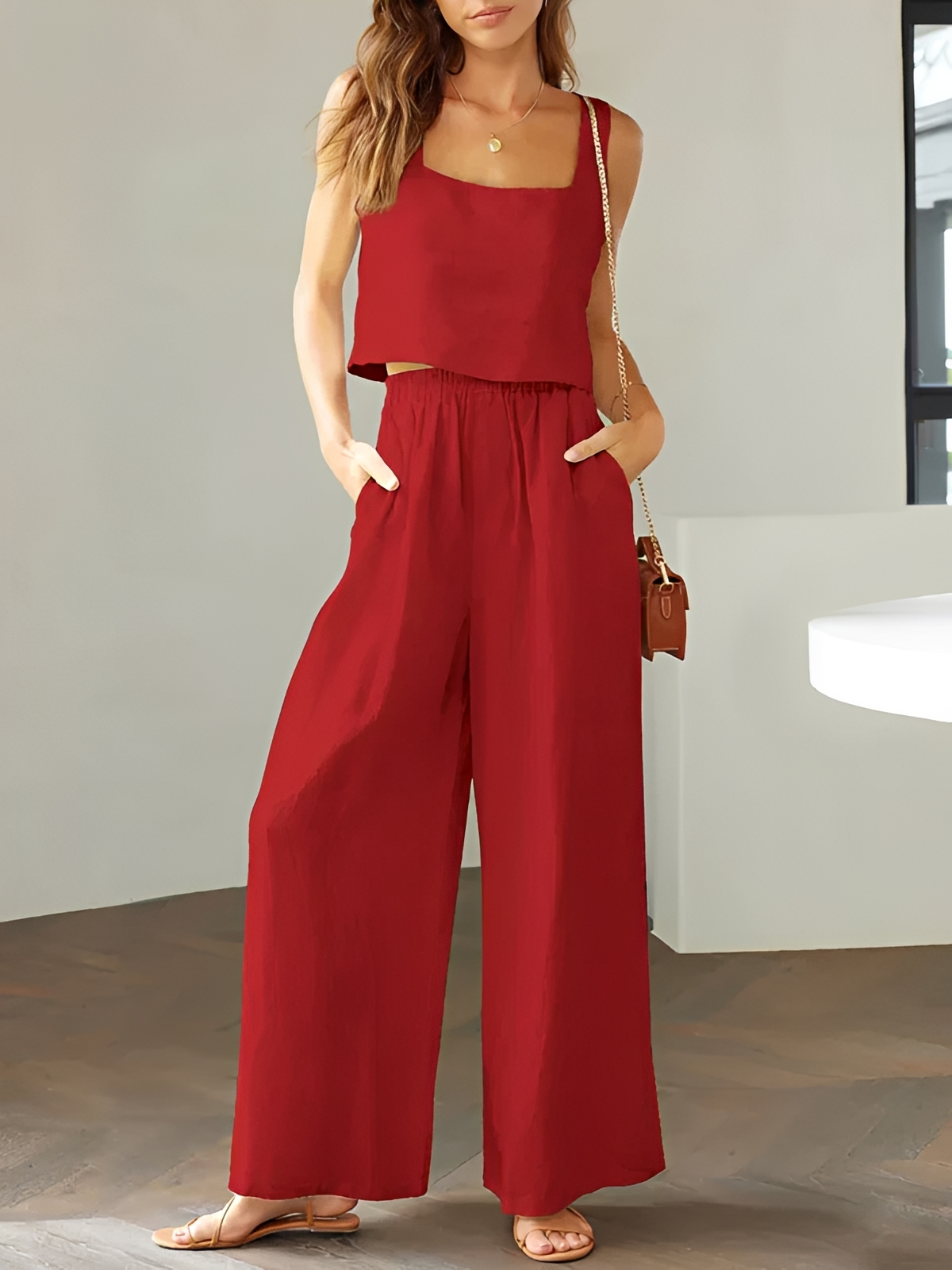 Pia - Entspanntes Set mit Eck-Ausschnitt Tops und Hosen
