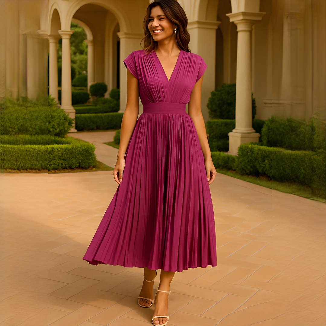 Elvira - Stilvolles Midi-Kleid mit V-Ausschnitt und Raffungen