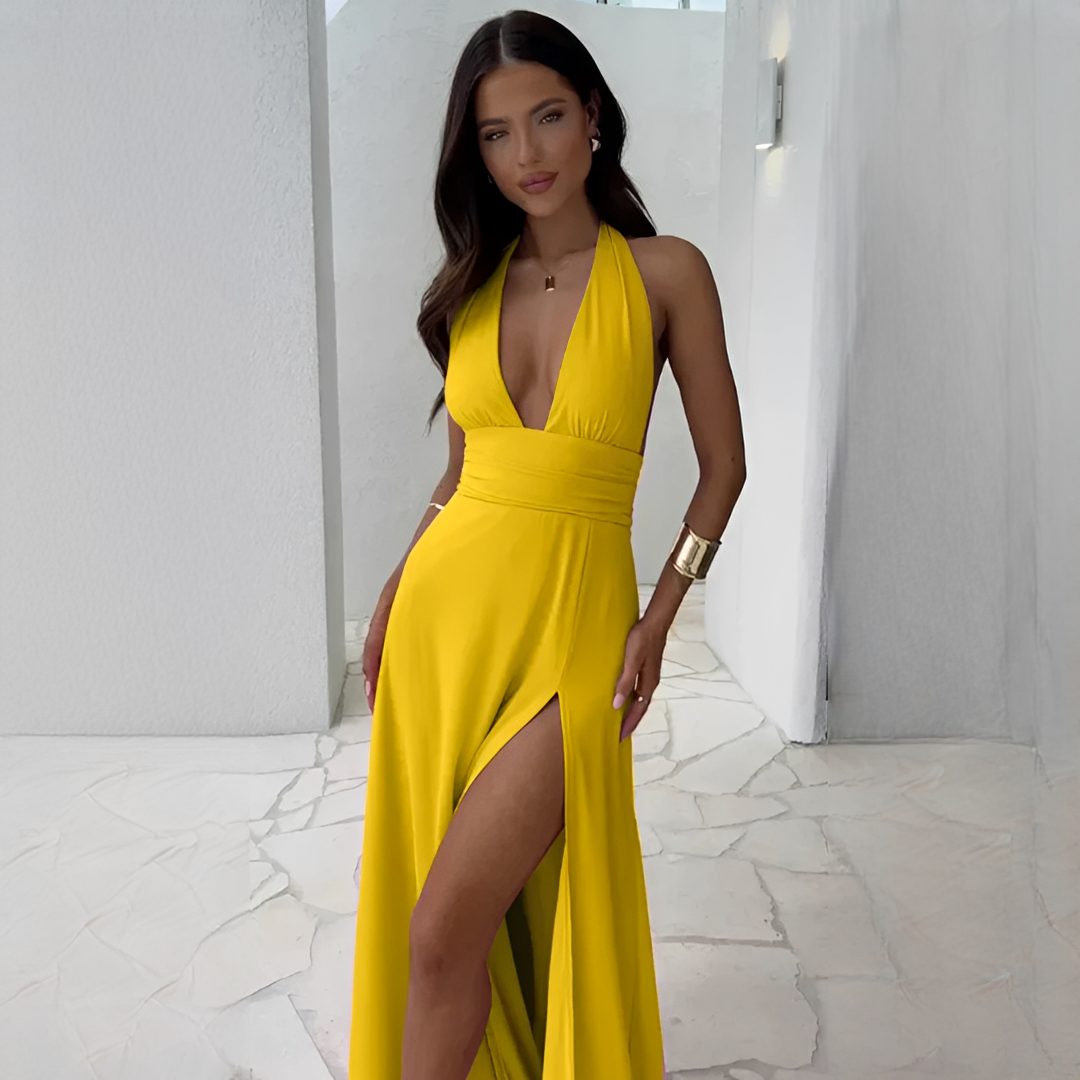 Fiona - Elegantes Damenkleid mit V-Ausschnitt und Schlitz