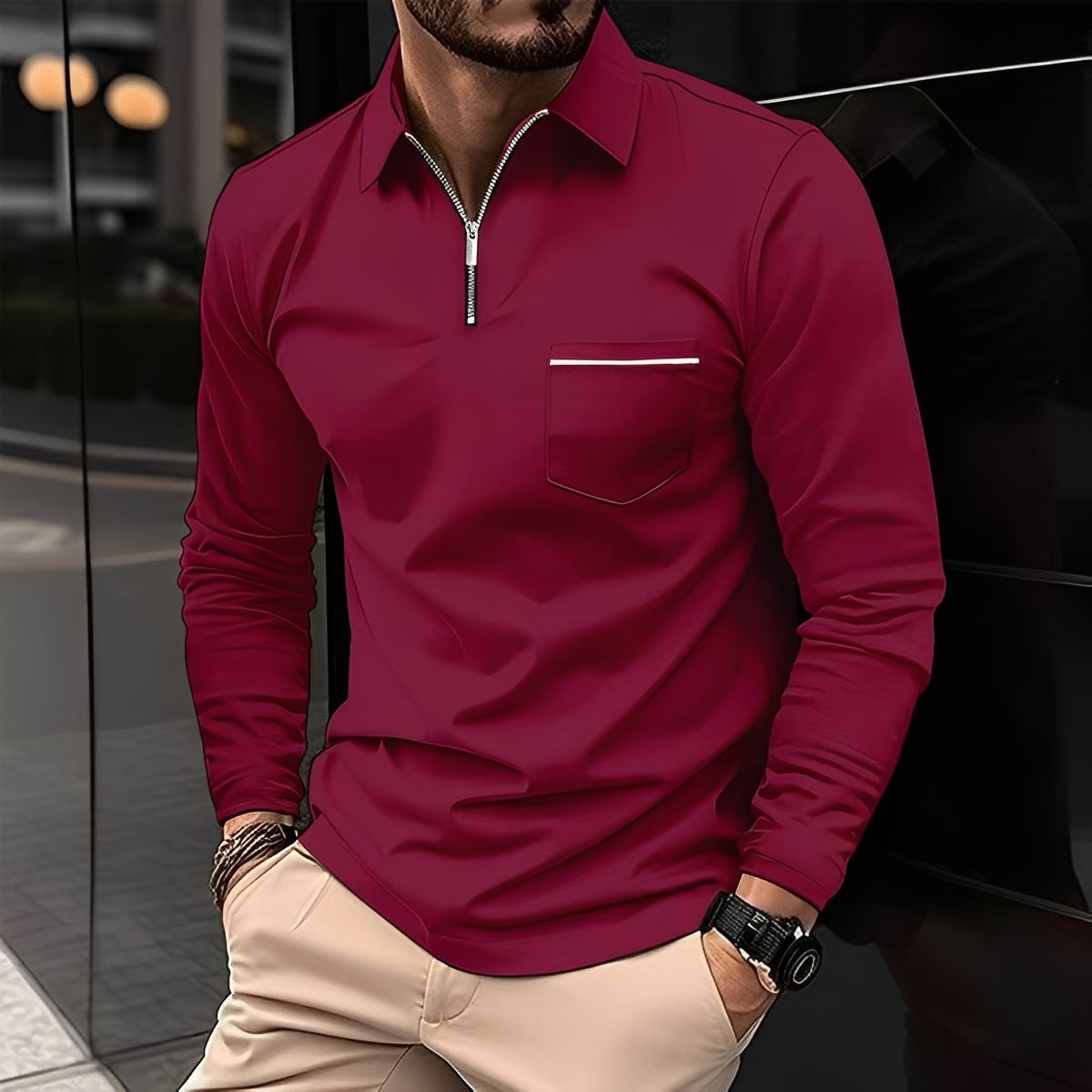 Florent - Herrenpolo mit langen Ärmeln und Reißverschluss