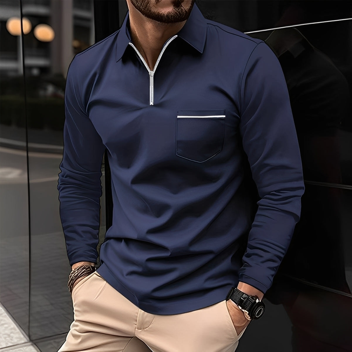 Florent - Herrenpolo mit langen Ärmeln und Reißverschluss