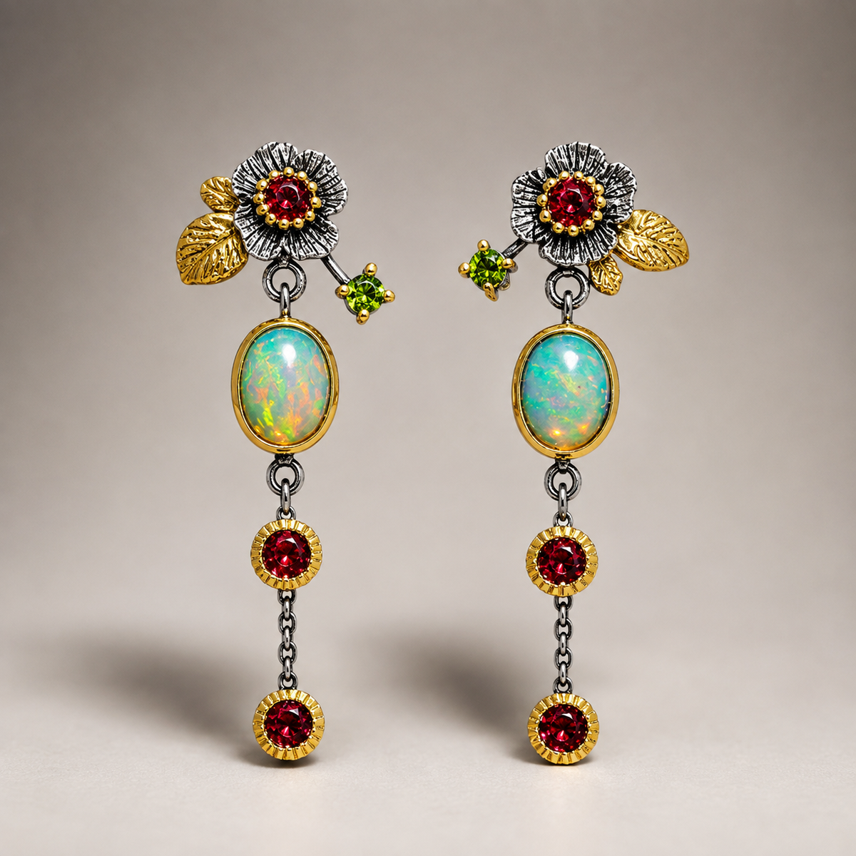 Zyra – Boho Ohrringe mit Opal und rotem Zirkon