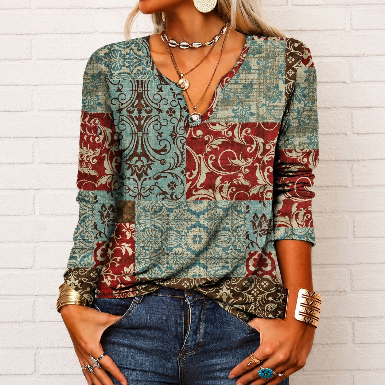 Katharina - Langarm-Boho-Bluse mit V-Ausschnitt