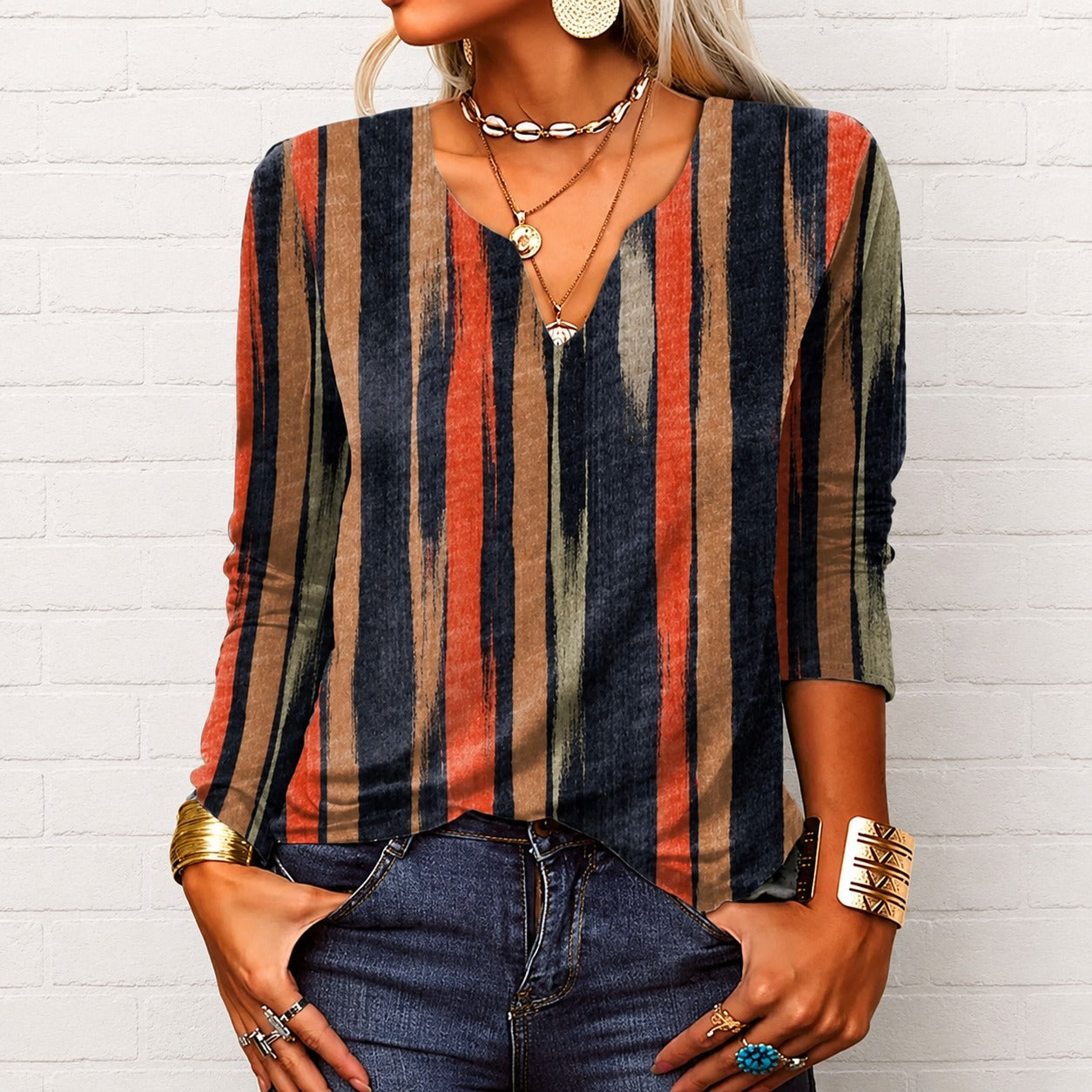 Katharina - Langarm-Boho-Bluse mit V-Ausschnitt