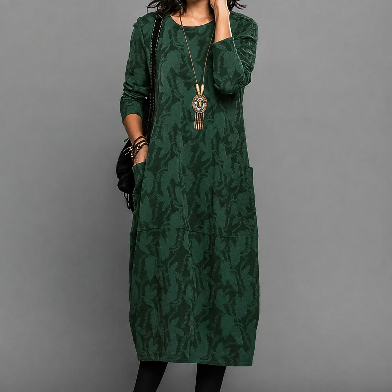 Alisha - Midi-Kleid mit Muster und langen Ärmeln