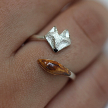 Anpassbarer Holzring - Ring mit Fuchs-Gesicht in Silber
