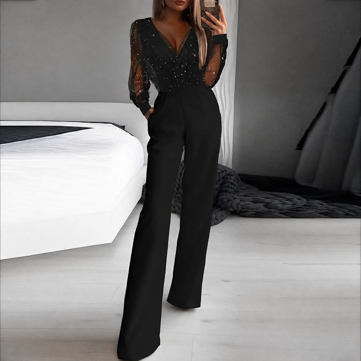 Catherina - Damen-Jumpsuit mit V-Ausschnitt und Glanz-Effekt