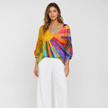 Bluse Damen Langarm Rundhalsausschnitt Patchwork-Quilt-Print, lockere Passform