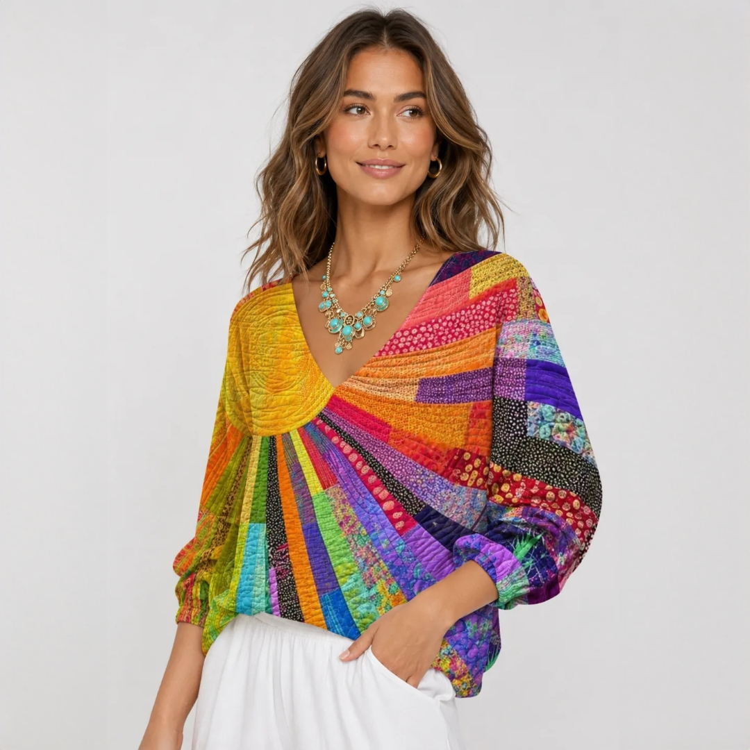 Bluse Damen Langarm Rundhalsausschnitt Patchwork-Quilt-Print, lockere Passform