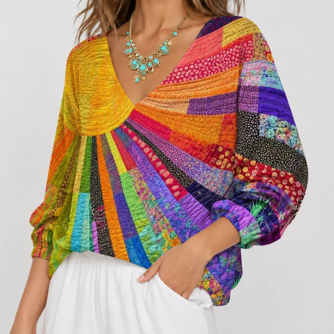 Bluse Damen Langarm Rundhalsausschnitt Patchwork-Quilt-Print, lockere Passform