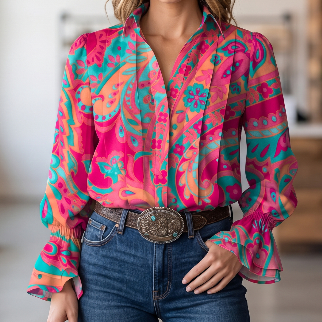 Bluse Damen mit Kragen – Langarm, lockere Passform, Paisley-Allover-Muster, Rüschenbündchen