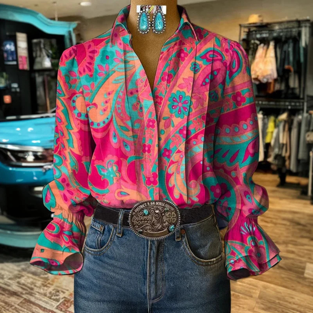 Bluse Damen mit Kragen – Langarm, lockere Passform, Paisley-Allover-Muster, Rüschenbündchen