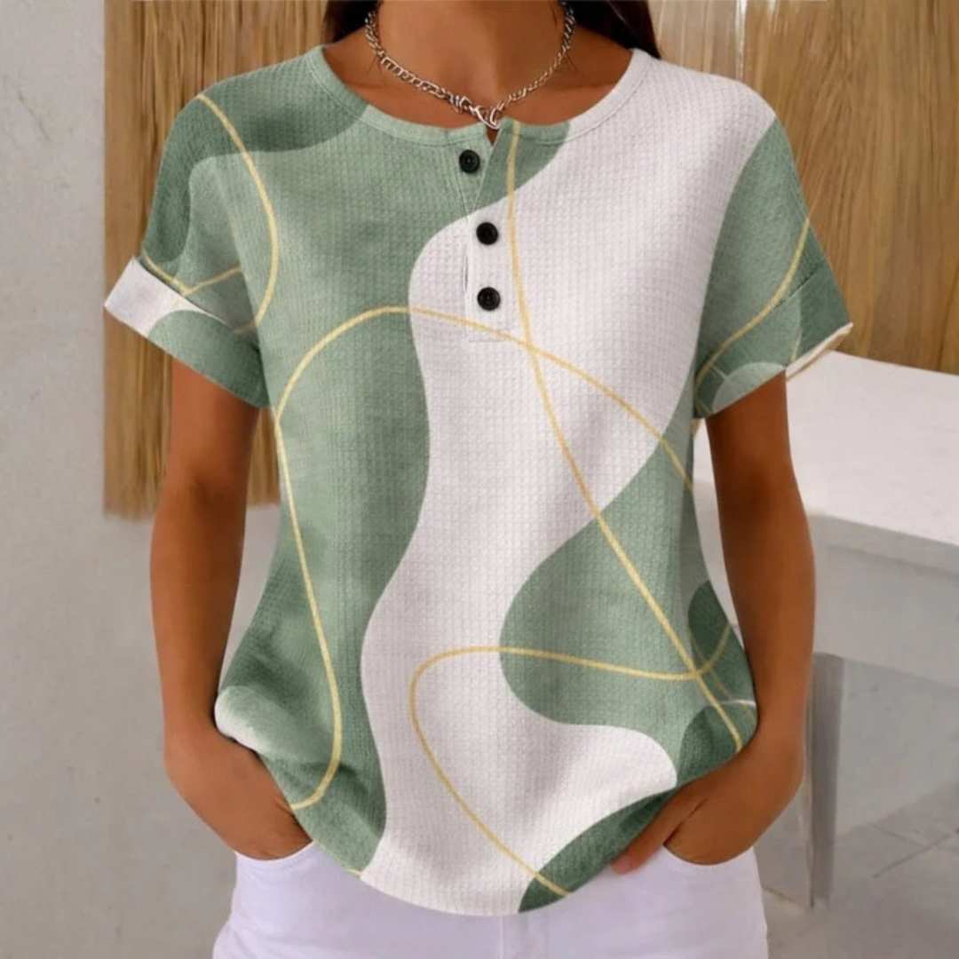 Bluse für Damen – Kurzarm-Henley mit 3-Knopf-Leiste, Rundhals, aufgekrempelte Ärmel, lockerer Schnitt, abstraktes Colorblock-Muster