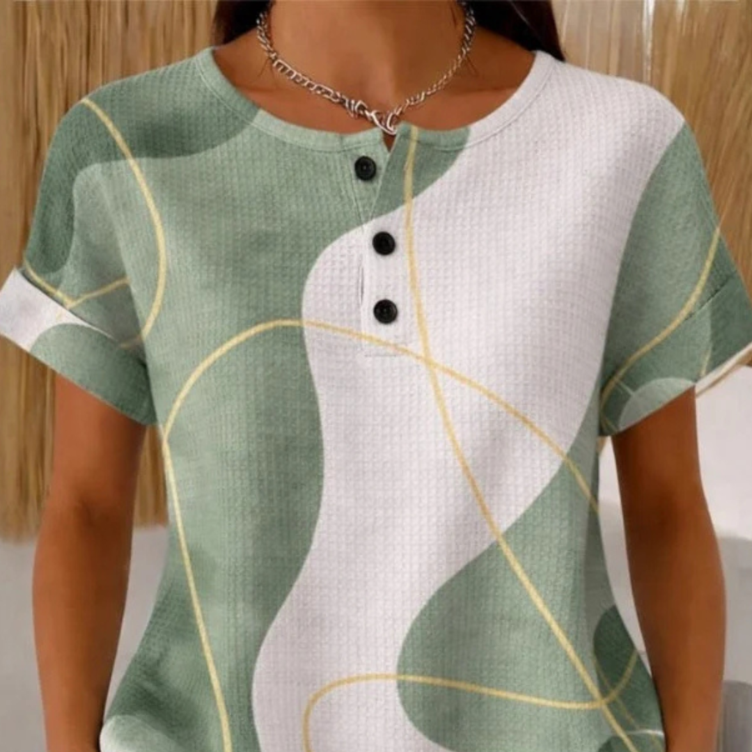 Bluse für Damen – Kurzarm-Henley mit 3-Knopf-Leiste, Rundhals, aufgekrempelte Ärmel, lockerer Schnitt, abstraktes Colorblock-Muster