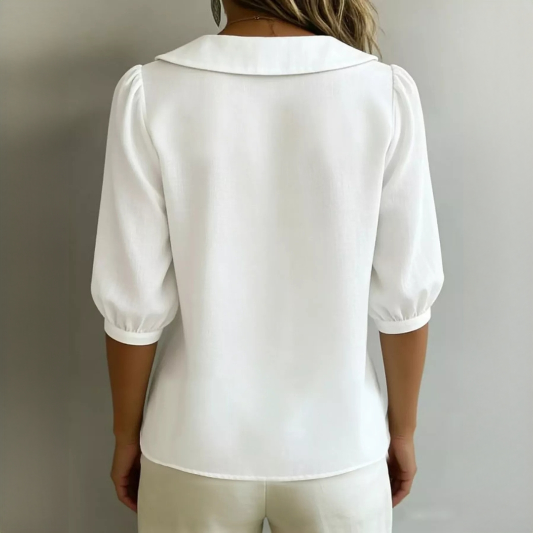 Bluse für Damen mit Knopfleiste vorne, Peter-Pan-Kragen, 3/4-Puffärmel, lockerer Schnitt