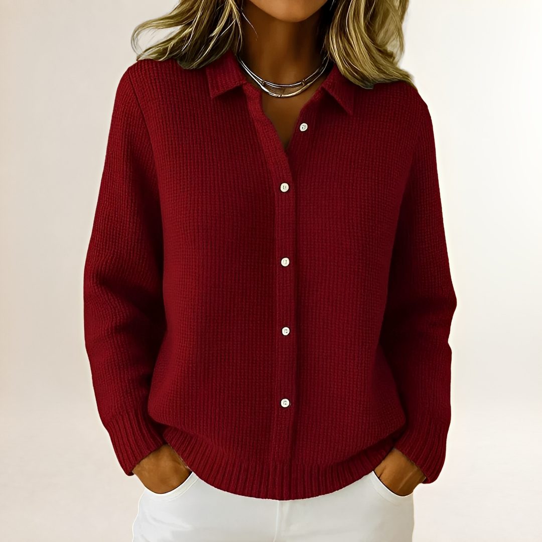 Cardigan Damen langgeschnitten mit Knopfleiste und Hemdkragen