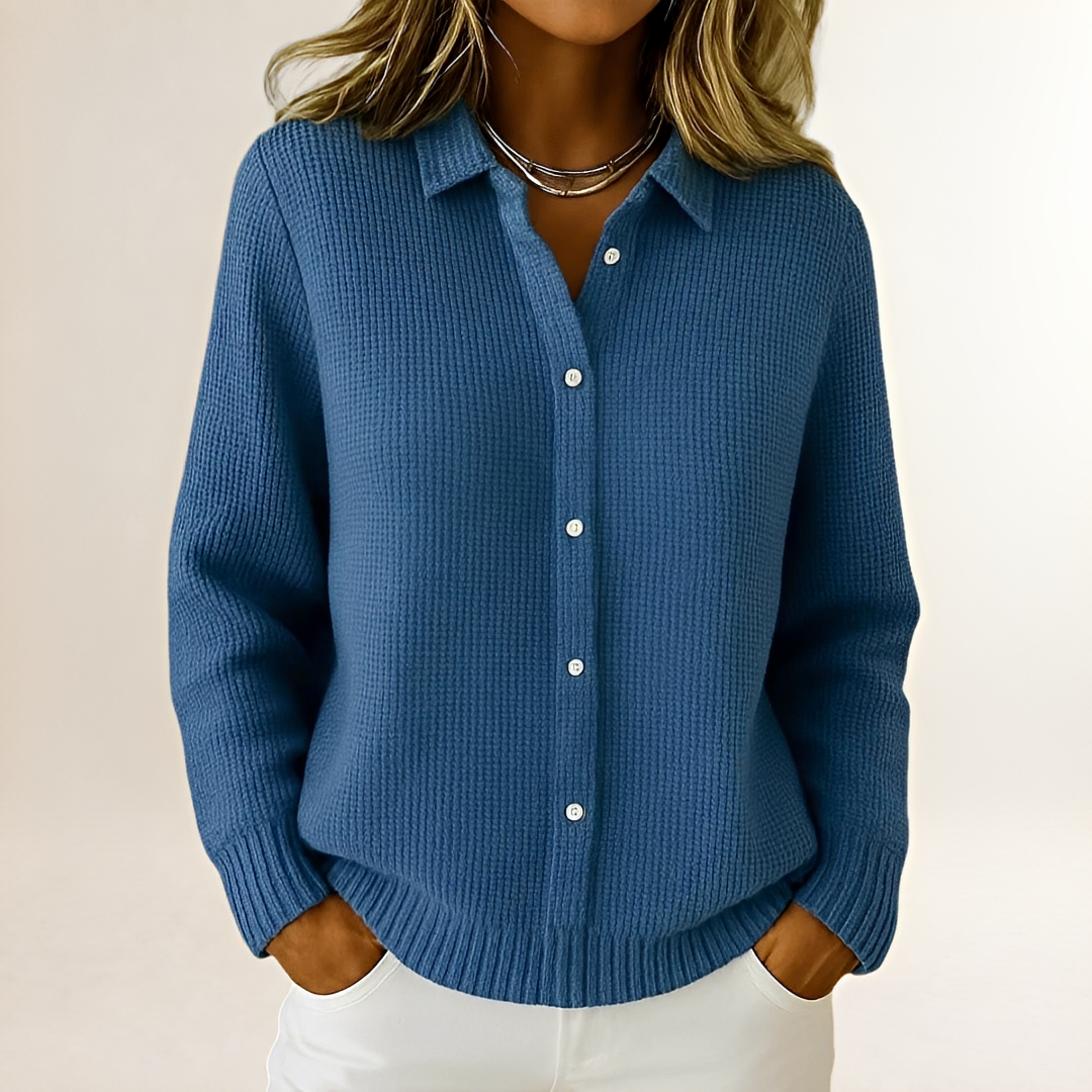 Cardigan Damen langgeschnitten mit Knopfleiste und Hemdkragen