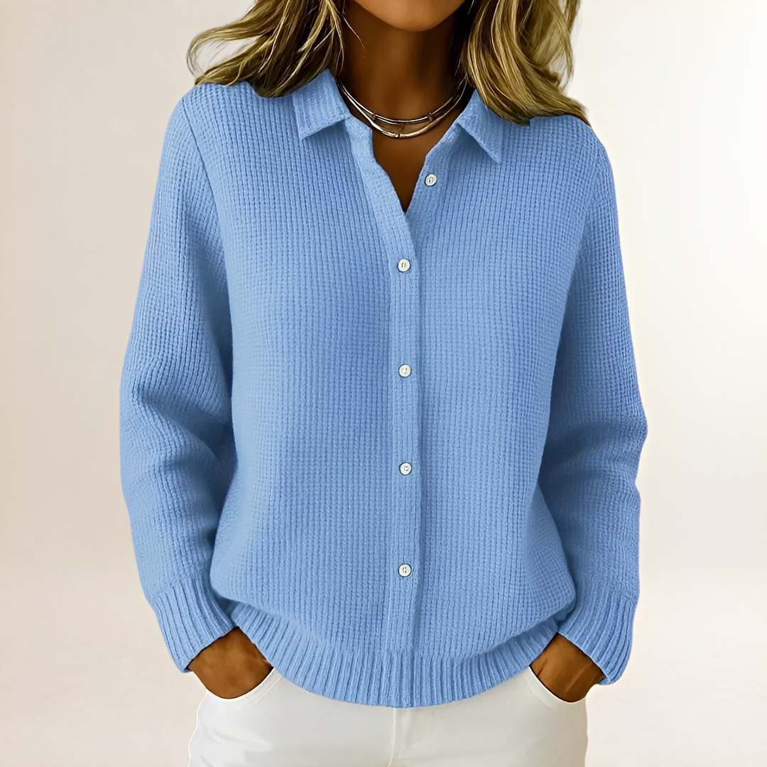 Cardigan Damen langgeschnitten mit Knopfleiste und Hemdkragen