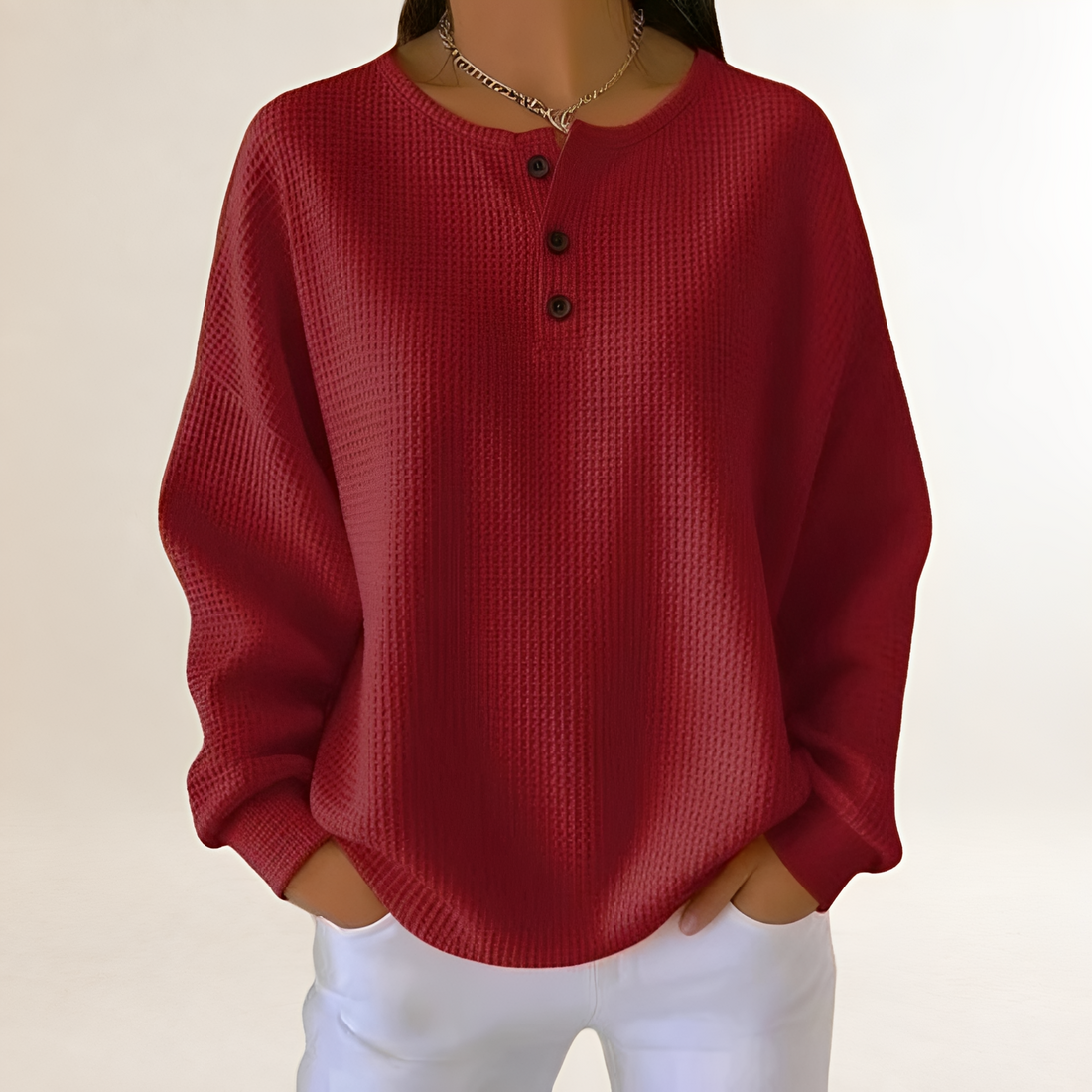 Damen bequemer Pullover mit Henley-Knopfleiste - Relaxte Passform, Waffelstruktur