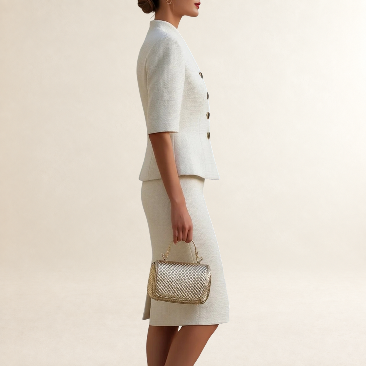 Damen Blazer und Bleistiftrock Set - Stehkragen, Kurzarm, figurbetonte Passform