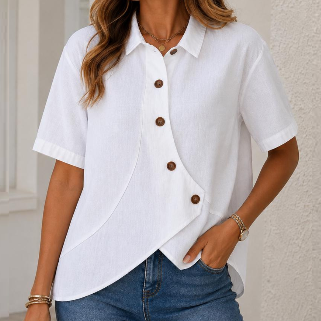 Damen Bluse Kurzarm mit Kragen - asymmetrische Überlappung mit Knopfverschluss, lockere Passform