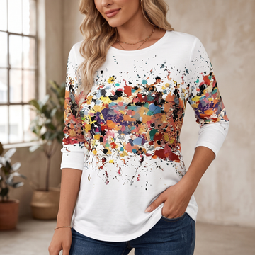 Damen Bluse Langarm - Rundhals, abstraktes Farbspritzer-Muster, lockere Passform