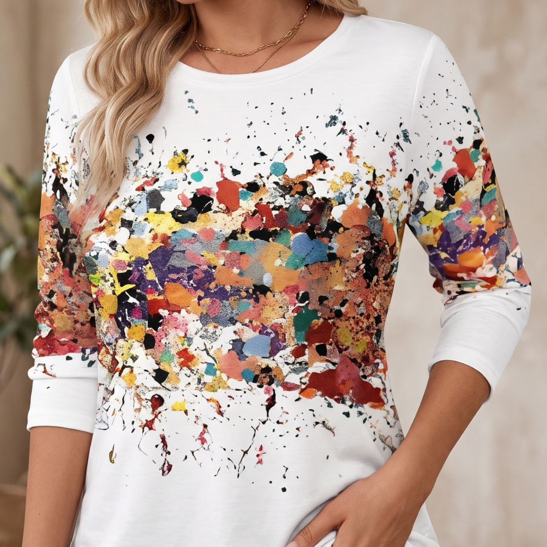 Damen Bluse Langarm - Rundhals, abstraktes Farbspritzer-Muster, lockere Passform