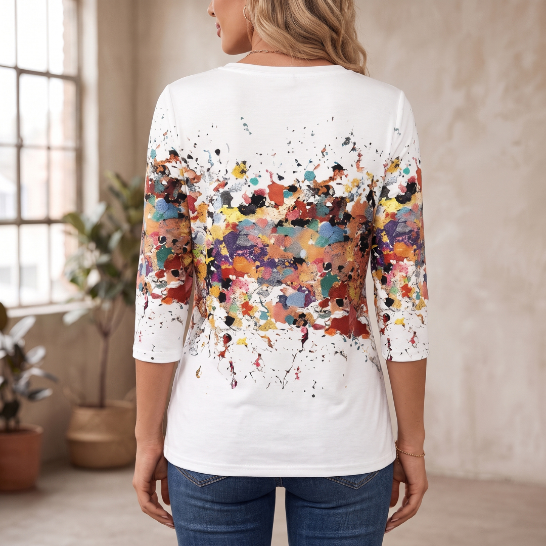 Damen Bluse Langarm - Rundhals, abstraktes Farbspritzer-Muster, lockere Passform