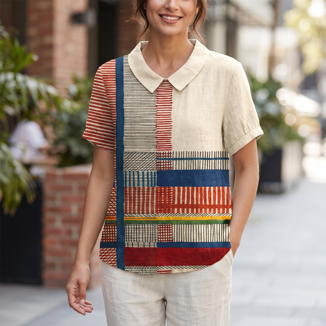 Damen Bluse mit floraler Stickerei, Hemdkragen, kurze Ärmel, lockere gerade Passform, hüftlänge mit abgerundetem Saum