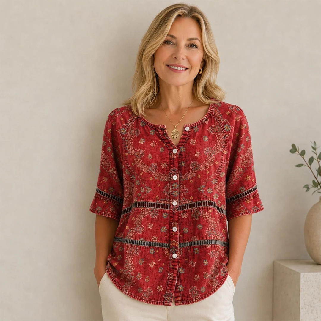 Damen Bluse mit Knopfleiste vorne, Spalt-V-Ausschnitt, 3/4-Ärmel, gerundeter Saum, Ethno Paisley Muster, lockere Passform