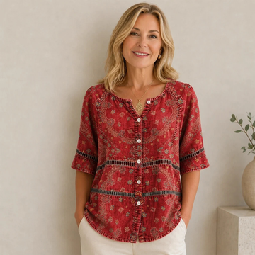 Damen Bluse mit Knopfleiste vorne, Spalt-V-Ausschnitt, 3/4-Ärmel, gerundeter Saum, Ethno Paisley Muster, lockere Passform