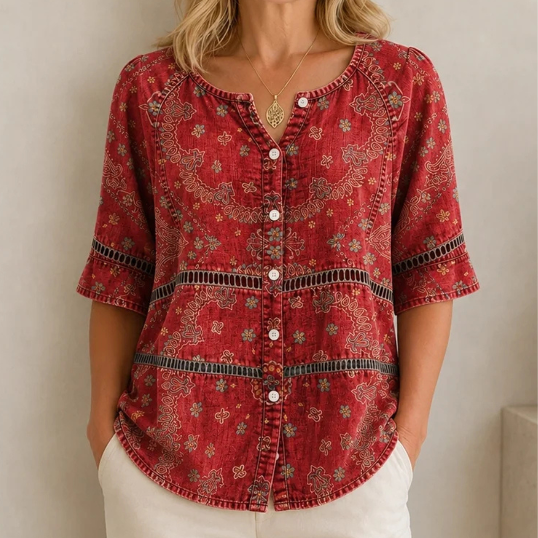 Damen Bluse mit Knopfleiste vorne, Spalt-V-Ausschnitt, 3/4-Ärmel, gerundeter Saum, Ethno Paisley Muster, lockere Passform