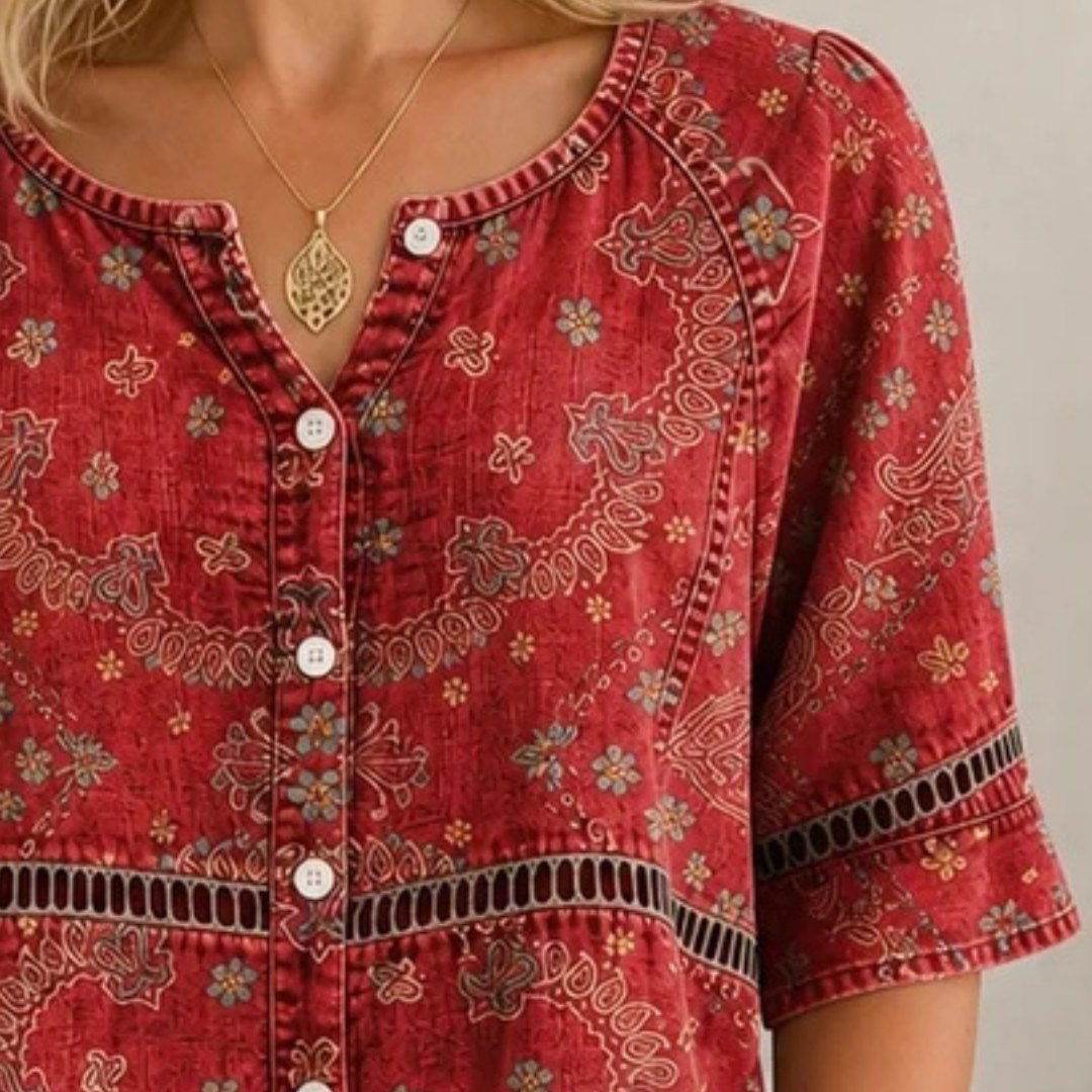Damen Bluse mit Knopfleiste vorne, Spalt-V-Ausschnitt, 3/4-Ärmel, gerundeter Saum, Ethno Paisley Muster, lockere Passform