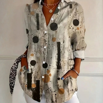 Damen Bluse mit Kragen, Knopfleiste – rollbare Langarm, seitliche Taschen, lockerer Schnitt, bedruckt