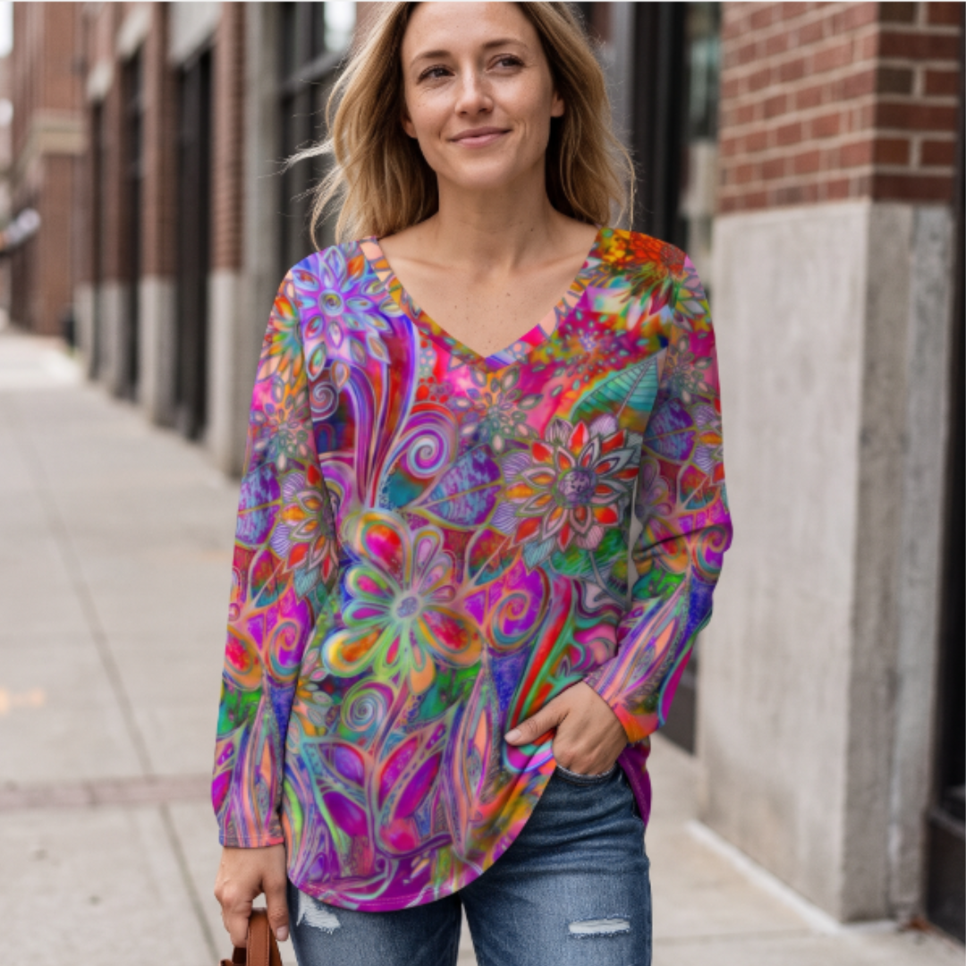 Damen Bluse mit V-Ausschnitt, lockere Passform, kurze Ärmel, Allover-Print