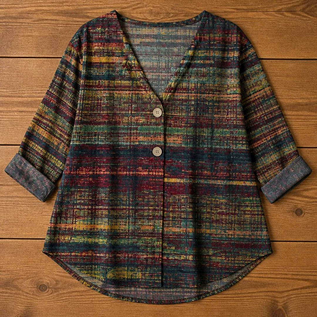Damen Bluse mit V-Ausschnitt und Knopf vorn, lockere Passform