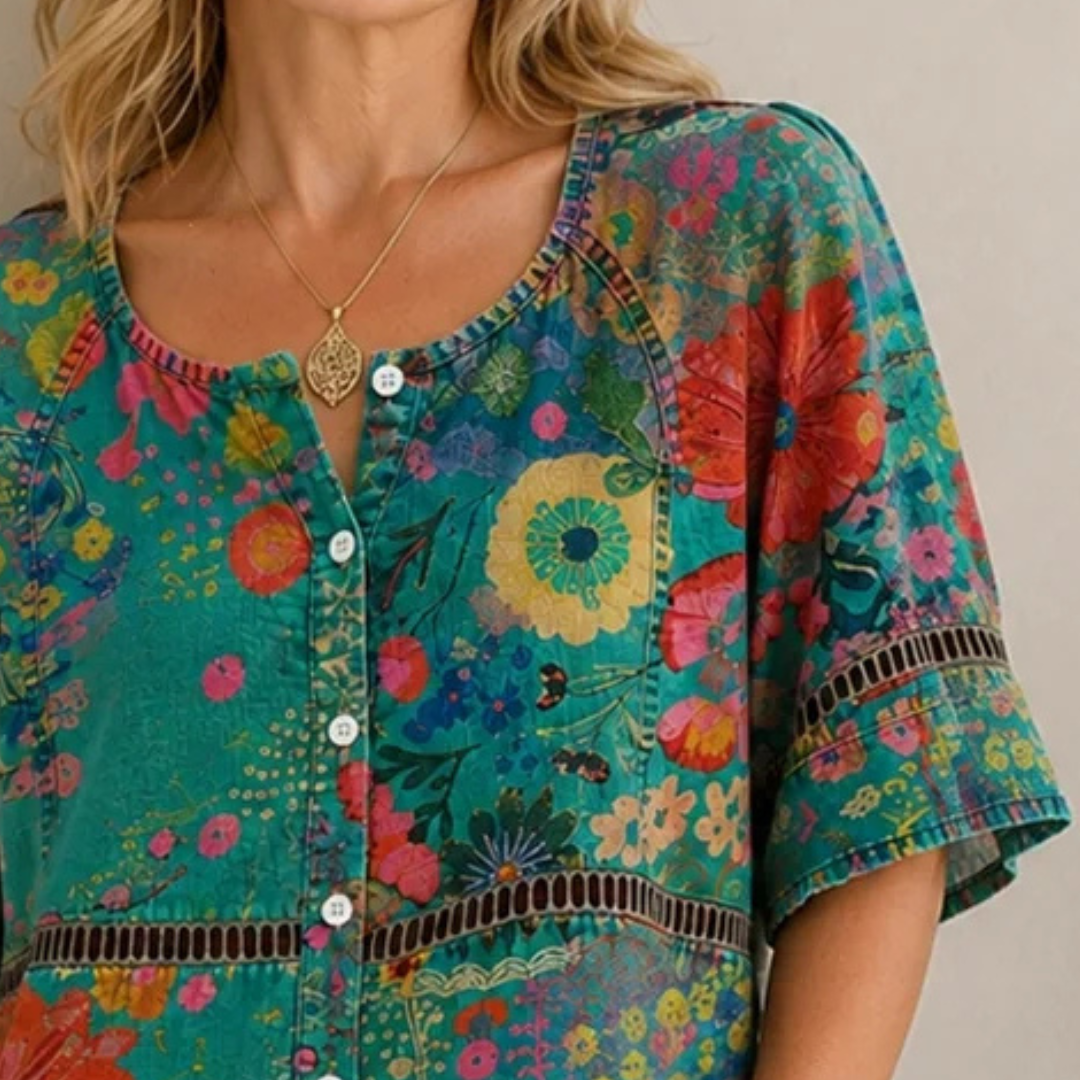 Damen Boho-Bluse Rundhals mit Spitzenbesatz – 3/4-Ärmel, lockere Tunika-Silhouette