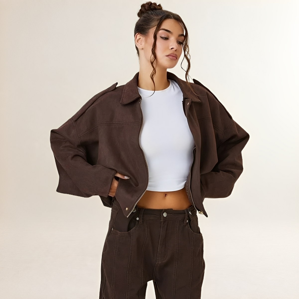 Damen Bomberjacke Cropped Boxy - Epaulettenschultertops mit geraffter Saum