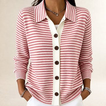 Damen Cardigan mit Reverskragen, Knopfverschluss, gestreift, langärmlig, hüftlang