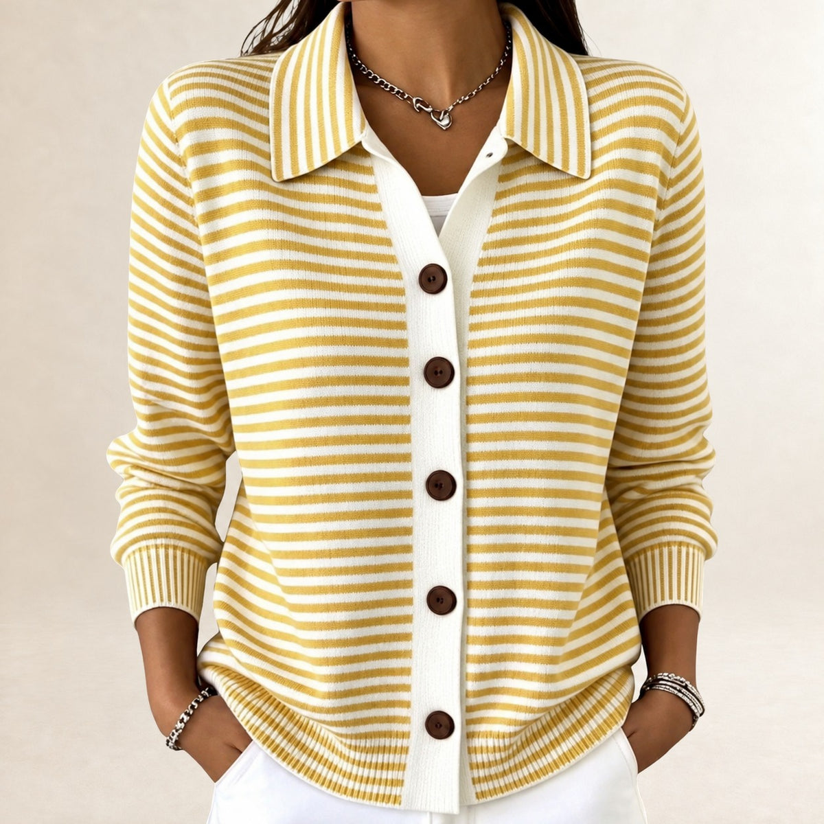 Damen Cardigan mit Reverskragen, Knopfverschluss, gestreift, langärmlig, hüftlang