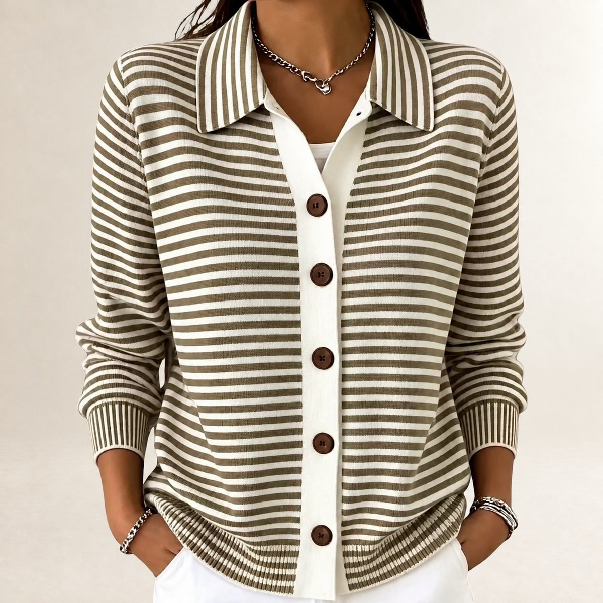 Damen Cardigan mit Reverskragen, Knopfverschluss, gestreift, langärmlig, hüftlang
