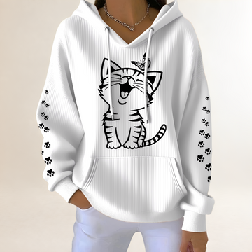 Damen Hoodie mit Katzen-Grafik und Pfotenmotiven an den Ärmeln, Kapuze mit Kordelzug, Kängurutasche, lockerer Sitz