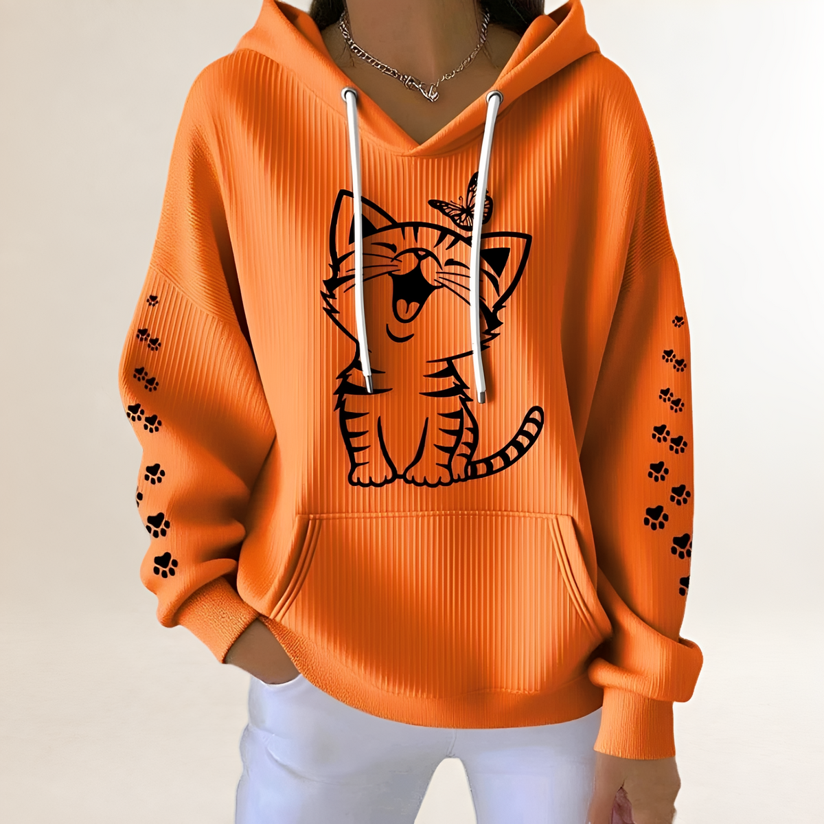 Damen Hoodie mit Katzen-Grafik und Pfotenmotiven an den Ärmeln, Kapuze mit Kordelzug, Kängurutasche, lockerer Sitz