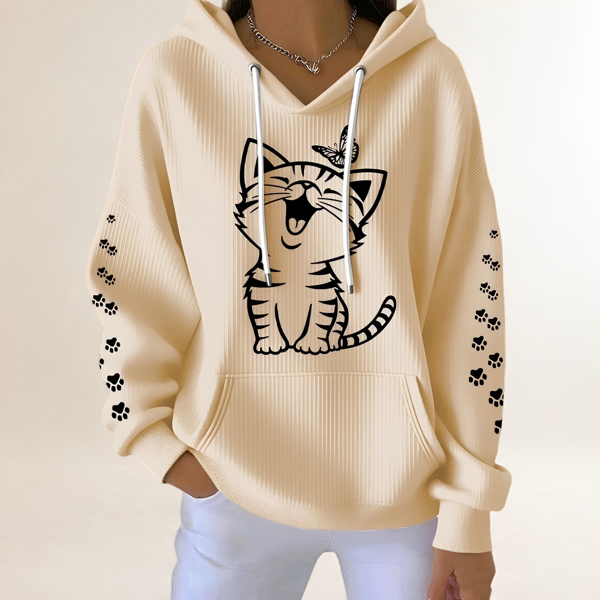 Damen Hoodie mit Katzen-Grafik und Pfotenmotiven an den Ärmeln, Kapuze mit Kordelzug, Kängurutasche, lockerer Sitz
