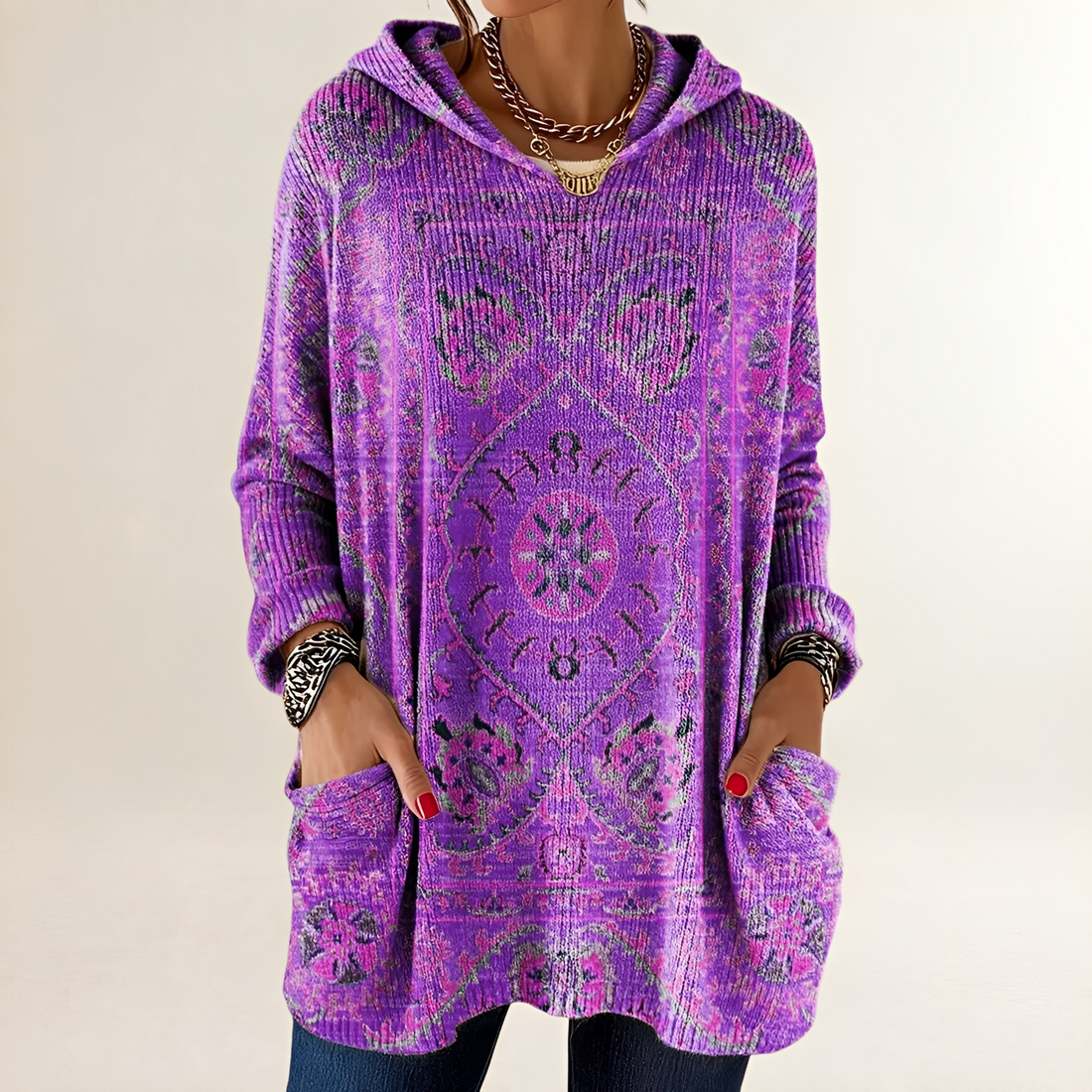 Damen Hoodie Tunic-Langarm Relaxed Fit mit Taschen Retro Ethno-Print