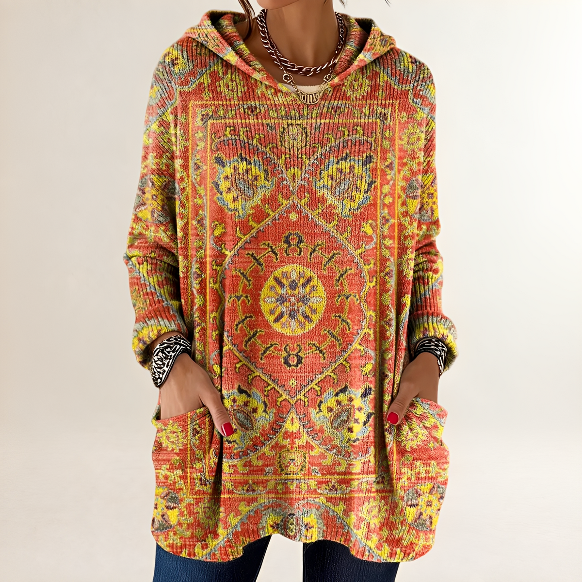 Damen Hoodie Tunic-Langarm Relaxed Fit mit Taschen Retro Ethno-Print