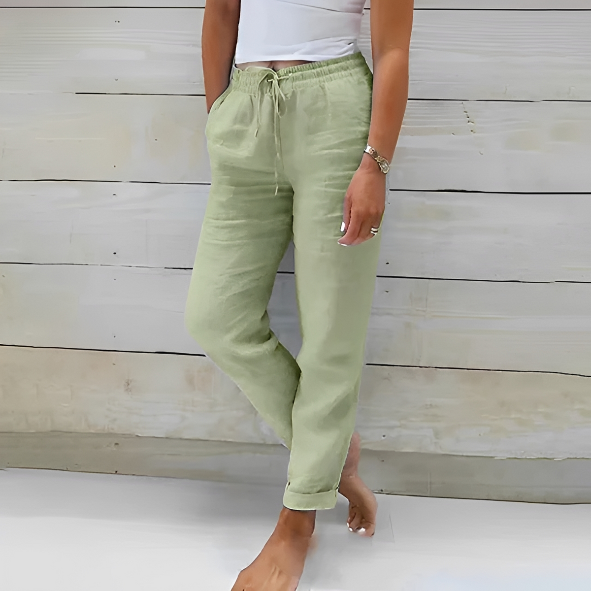 Damen Hose Gerade Beinlinie - elastischer Bund mit Zugband, seitliche Eingrifftaschen, knöchellang