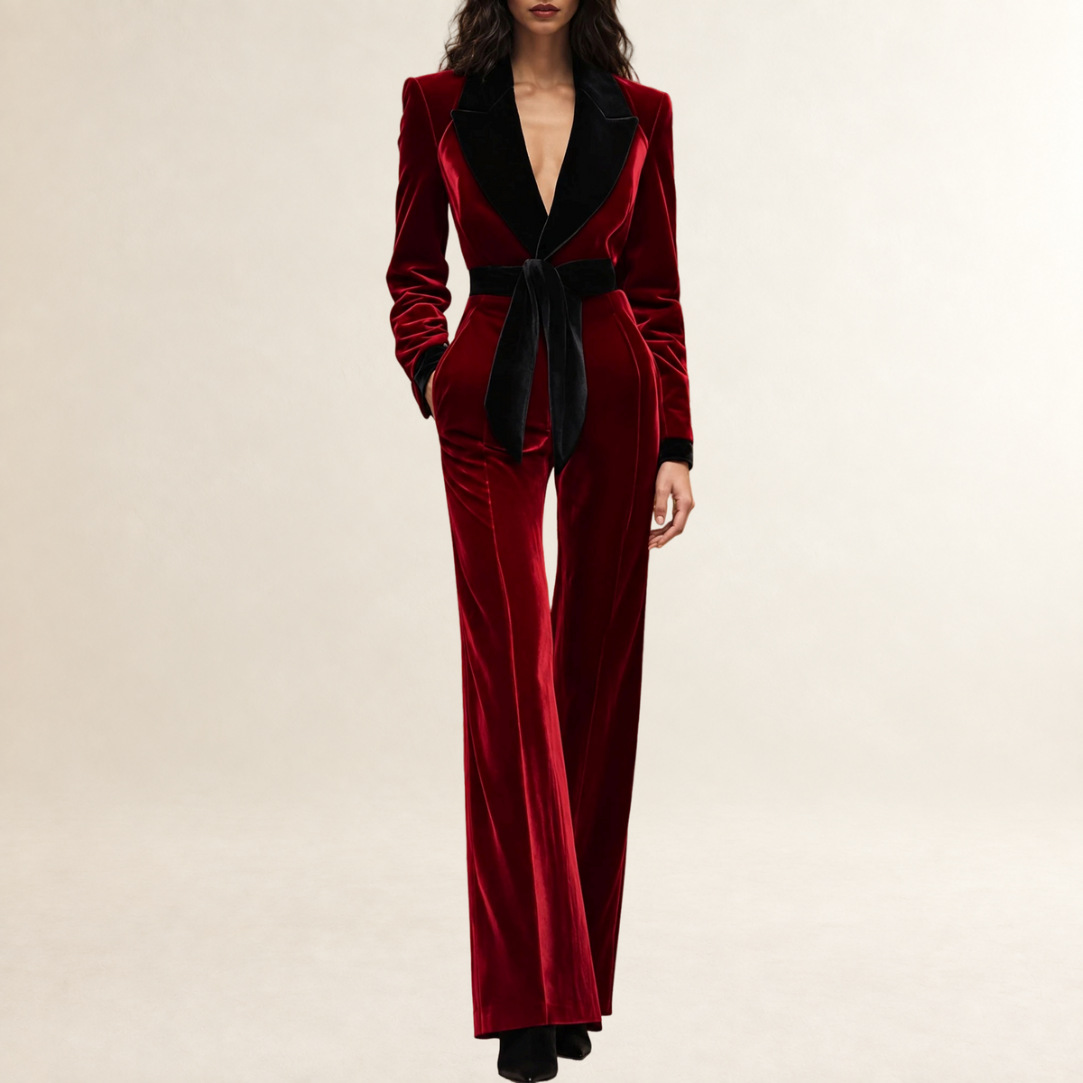 Damen Jumpsuit Reverskragen Gürtel-Design Weite Beine Schnitt
